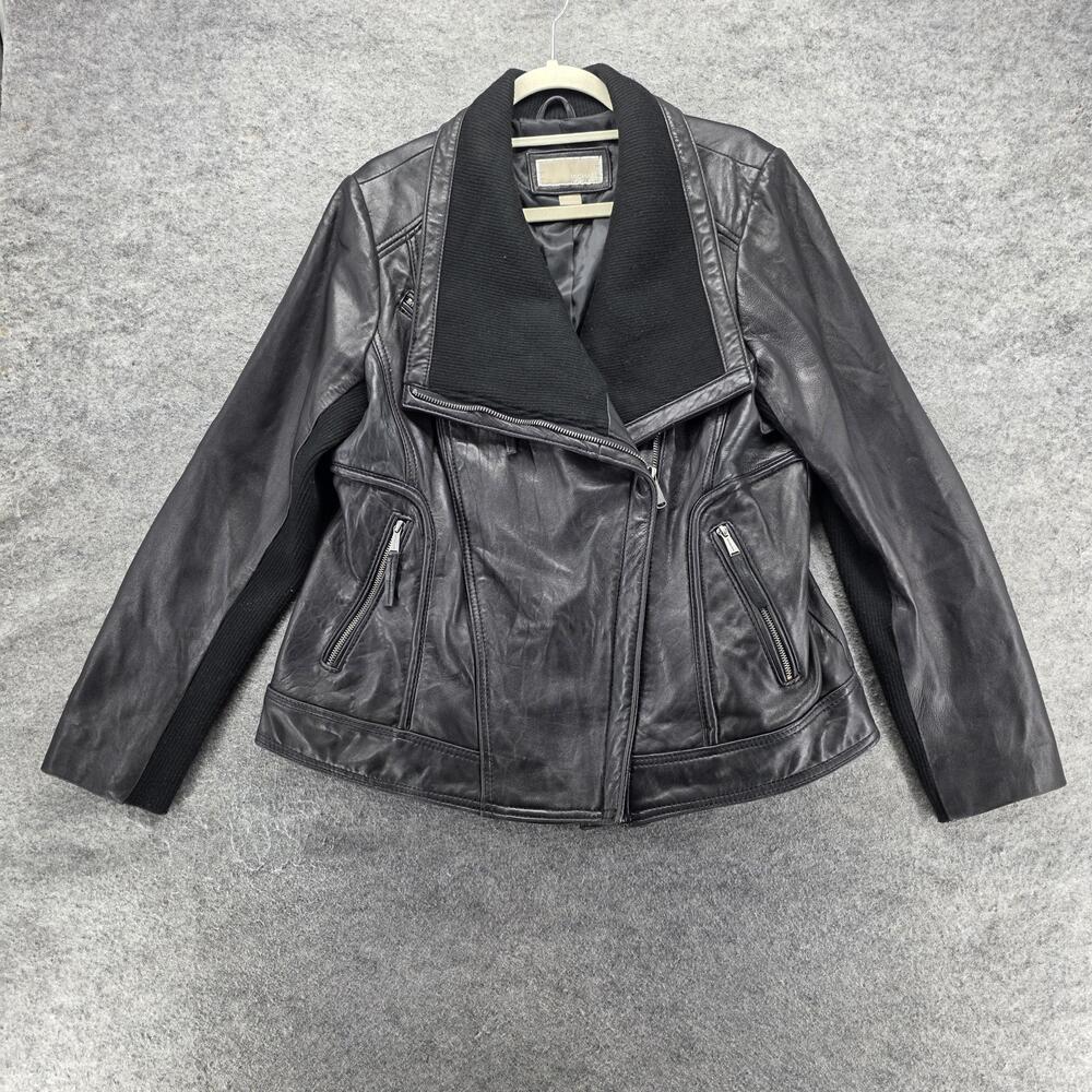 MICHAEL Michael Kors Jacket Womens 1X Black Leather Biker Collared Zip